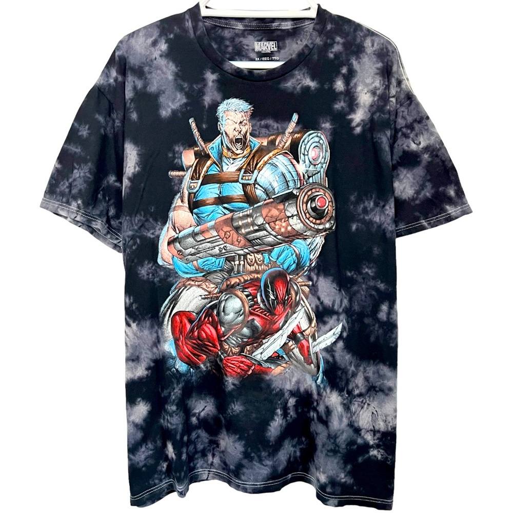 CABLE AND DEADPOOL MARVEL COMICS T SHIRT TIE DYE GRAPHIC TEE BLACK GREY Men's 2X